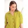 Keten Kumaş Crop Oversize Kadın Gömlek-YAĞ YEŞİLİ
