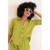 Keten Kumaş Crop Oversize Kadın Gömlek-YAĞ YEŞİLİ