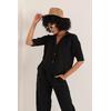 Keten Kumaş Crop Oversize Kadın Gömlek-Siyah