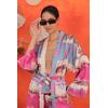 Saten Kumaş Batik Desen Kadın Kimono-Fuşya