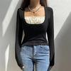 Beyaz Büzgülü Yaka Detaylı Siyah Crop Uzun Kollu