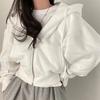 Beyaz Crop Top Kalın Kumaş Fermuarlı Kapüşonlu Sweatshirt
