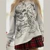 Beyaz Omuz Açık Skull Pattern Uzun Kollu Sweatshirt