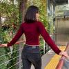 Bordo Fermuarlı Korse Kesim Uzun Kollu Crop