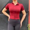 Düz Bordo Balıkçı Yaka Yarım Fermuarlı Kesik Parmaklı Kısa Kollu Crop