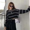 Gri Siyah Çizgili Oversize Crop Kesim Yarım Kazak