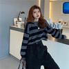 Gri Siyah Çizgili Oversize Crop Kesim Yarım Kazak