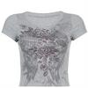 Harajuku Fashion Flower Wings Gri Melanj Yarım Kadın T-Shirt