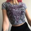 Harajuku Fashion Flower Wings Gri Melanj Yarım Kadın T-Shirt