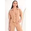 Keten Kumaş Crop Oversize Kadın Gömlek-Bej