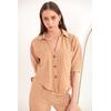Keten Kumaş Crop Oversize Kadın Gömlek-Bej