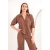 Keten Kumaş Crop Oversize Kadın Gömlek-Kahve