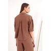 Keten Kumaş Crop Oversize Kadın Gömlek-Kahve