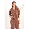 Keten Kumaş Crop Oversize Kadın Gömlek-Kahve