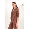 Keten Kumaş Crop Oversize Kadın Gömlek-Kahve