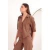 Keten Kumaş Crop Oversize Kadın Gömlek-Kahve