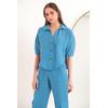 Keten Kumaş Crop Oversize Kadın Gömlek-Mavi