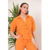 Keten Kumaş Crop Oversize Kadın Gömlek-Oranj