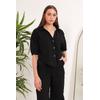 Keten Kumaş Crop Oversize Kadın Gömlek-Siyah