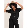 Keten Kumaş Crop Oversize Kadın Gömlek-Siyah