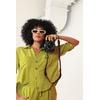 Keten Kumaş Crop Oversize Kadın Gömlek-YAĞ YEŞİLİ