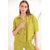 Keten Kumaş Crop Oversize Kadın Gömlek-YAĞ YEŞİLİ