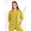 Keten Kumaş Crop Oversize Kadın Gömlek-YAĞ YEŞİLİ
