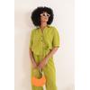 Keten Kumaş Crop Oversize Kadın Gömlek-YAĞ YEŞİLİ