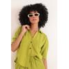 Keten Kumaş Crop Oversize Kadın Gömlek-YAĞ YEŞİLİ