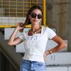 Krem Düğme Ve Kurdele Detaylı Dantel Yaka Yarım T-Shirt