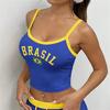 Lacivert Vintage Sarı Şeritli Brasil Askılı Crop