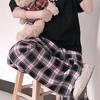 Pembe Kareli Siyah Oversize Rahat Pantolon