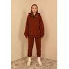 Petek Kumaş Uzun Kol Kapüşonlu Fermuar Detaylı Kadın Sweatshirt-Kahve