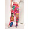 Saten Kumaş Soleil Desen Beli Lastikli Kadın Pantolon-Fuşya