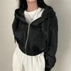 Siyah Crop Top Kalın Kumaş Fermuarlı Kapüşonlu Sweatshirt