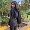 Siyah Crop Top Kalın Kumaş Fermuarlı Kapüşonlu Sweatshirt