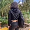 Siyah Crop Top Kalın Kumaş Fermuarlı Kapüşonlu Sweatshirt