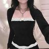 Siyah Dantel Yaka ve Bel Detaylı Uzun Kollu Crop Bluz
