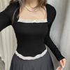 Siyah Dantel Yaka ve Bel Detaylı Uzun Kollu Crop Bluz