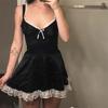 Siyah Dantelli Kurdeleli Kare Yaka Lolita Mini Elbise