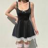 Siyah Kurdeleli Kare Yaka Dantelli Lolita Mini Elbise