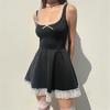 Siyah Kurdeleli Kare Yaka Dantelli Lolita Mini Elbise