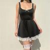 Siyah Kurdeleli Kare Yaka Dantelli Lolita Mini Elbise