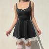 Siyah Kurdeleli Kare Yaka Dantelli Lolita Mini Elbise