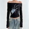 Siyah Shadow Spider Omuzu Açık Uzun Kollu Crop Bluz