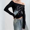 Siyah Shadow Spider Omuzu Açık Uzun Kollu Crop Bluz