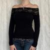Siyah Vintage Dantelli Omuz Açık Uzun Kollu Crop