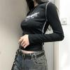 Siyah Vintage Wing Ters Dikiş Şeritli Uzun Kollu Crop Bluz