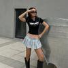 Siyah Vintage Wing Ters Dikiş Şeritli Kısa Kollu Crop Bluz