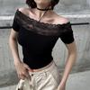 Yeni Siyah Vintage Dantelli Omuz Açık Kısa Kollu Crop